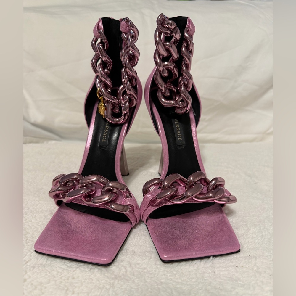 Versace Metallic Rose Pink Chain-Link High Heels